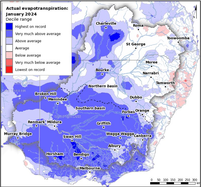 Actual evapotranspiration deciles: January 2024