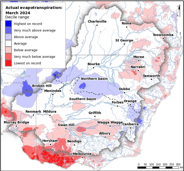 Actual evapotranspiration deciles: March 2024