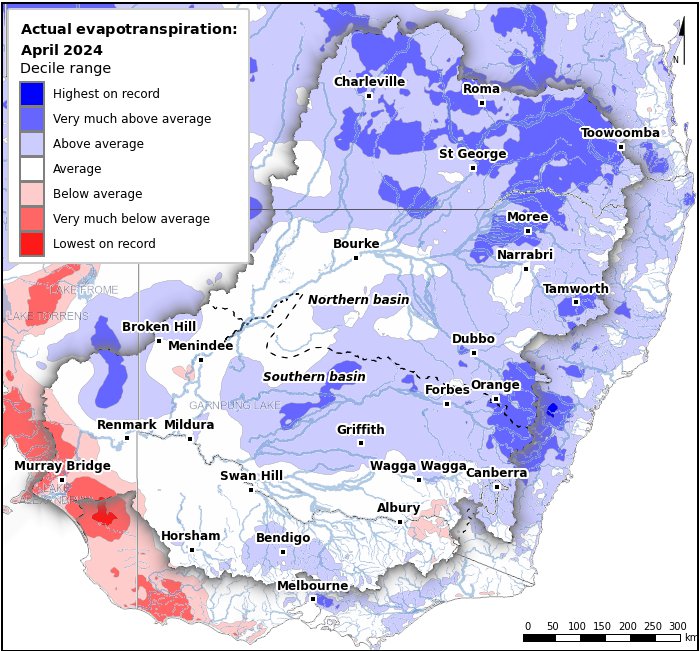 Actual evapotranspiration deciles: April 2024