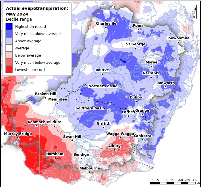 Actual evapotranspiration deciles: May 2024