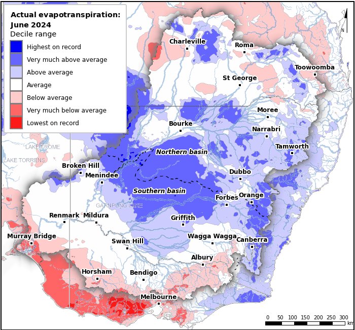 Actual evapotranspiration deciles: June 2024