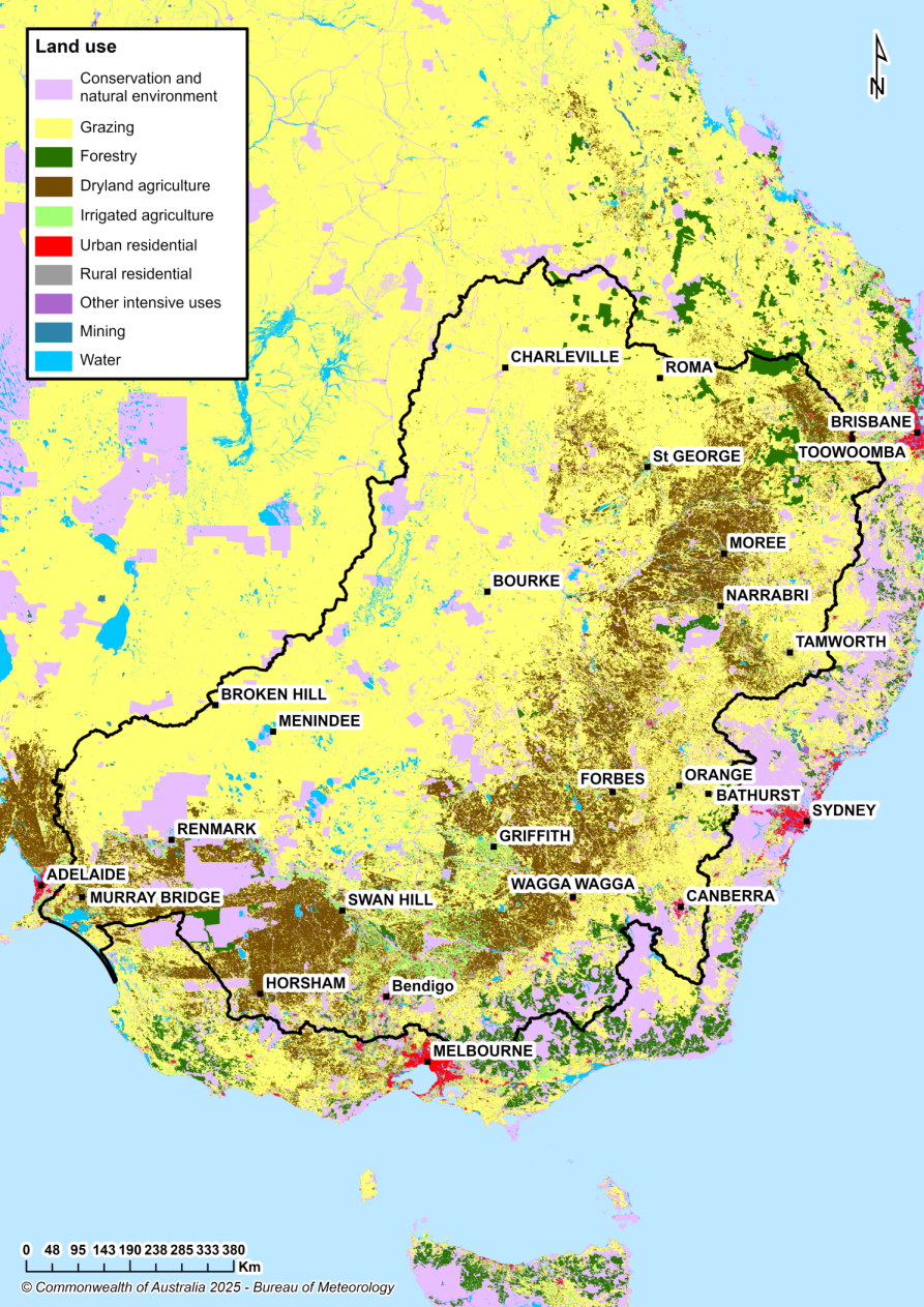 Map showing distribution and land use types. Primary land use is grazing followed by dryland and irrigated agriculture.
