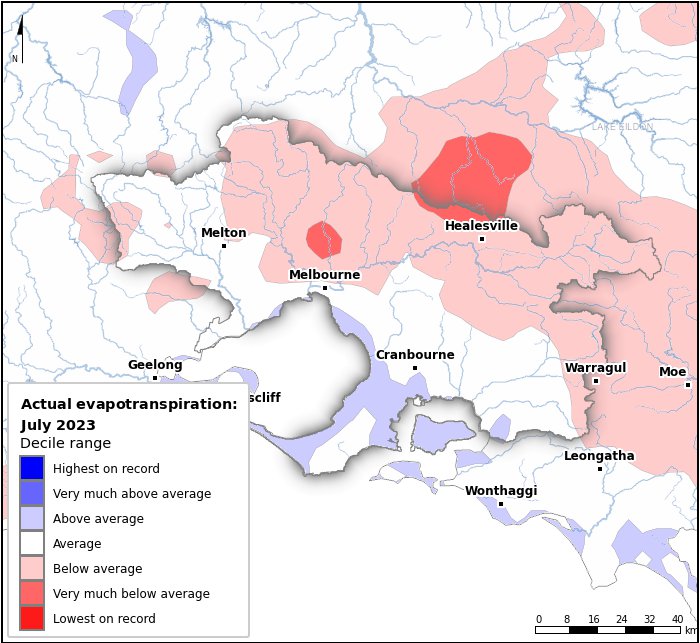 Actual evapotranspiration deciles: July 2023