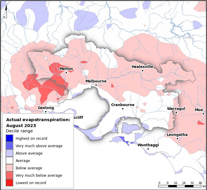 Actual evapotranspiration deciles: August 2023