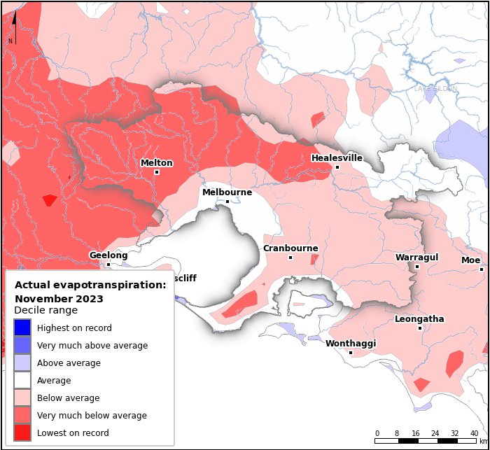 Actual evapotranspiration deciles: November 2023