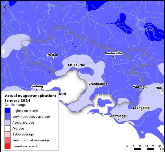 Actual evapotranspiration deciles: January 2024
