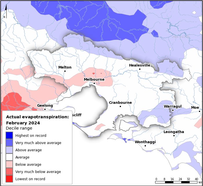 Actual evapotranspiration deciles: February 2024