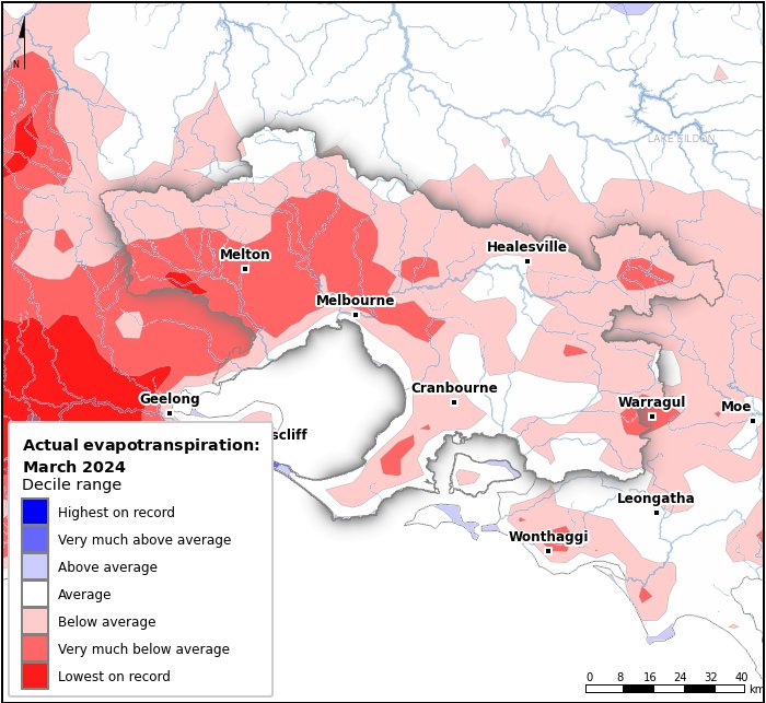 Actual evapotranspiration deciles: March 2024