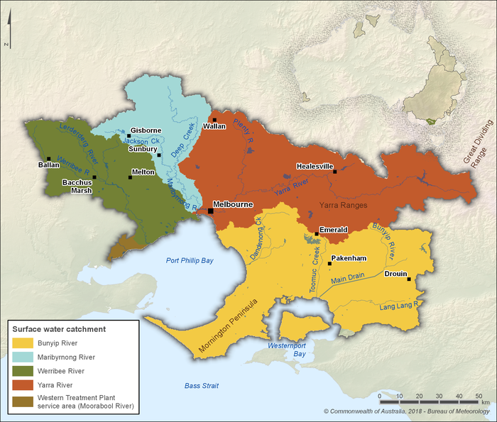 Map of main rivers and water catchments. The region is physically defined by the Bunyip, Maribyrnong, Werribee, and Yarra river catchments. A small part of the Moorabool River catchment is also in the southwest of the region encompassing the Western Treatment Plant service area. The city of Melbourne is located near the centre of the region along the Yarra River.