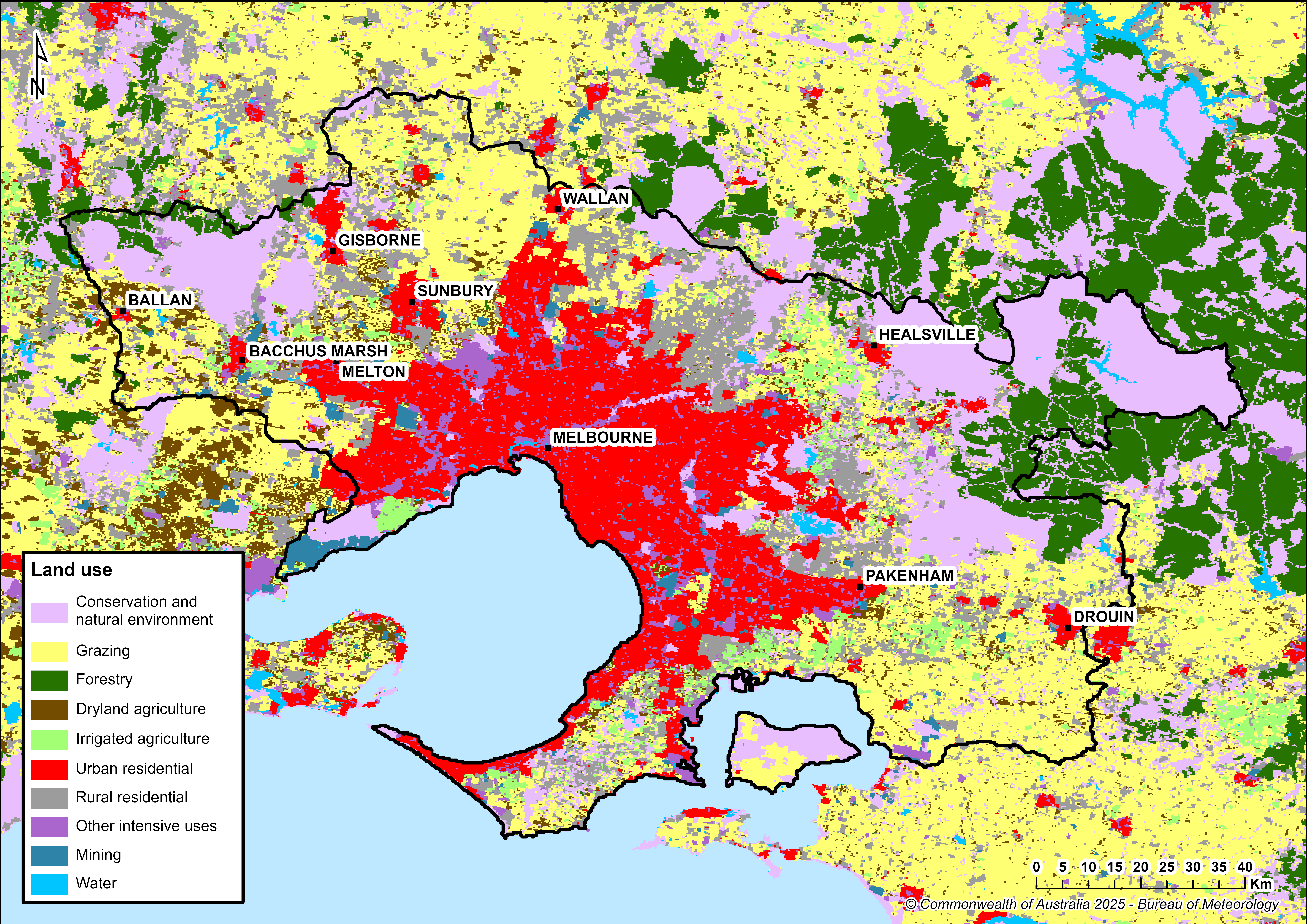 Map showing distribution and land use types. The city of Melbourne is located in the central part of the region along the coast. Urban land use is concentrated in the Melbourne metropolitan area. Primary land use is grazing. Areas of conservation and natural environments, as well as dryland agriculture, also occur throughout the region.
