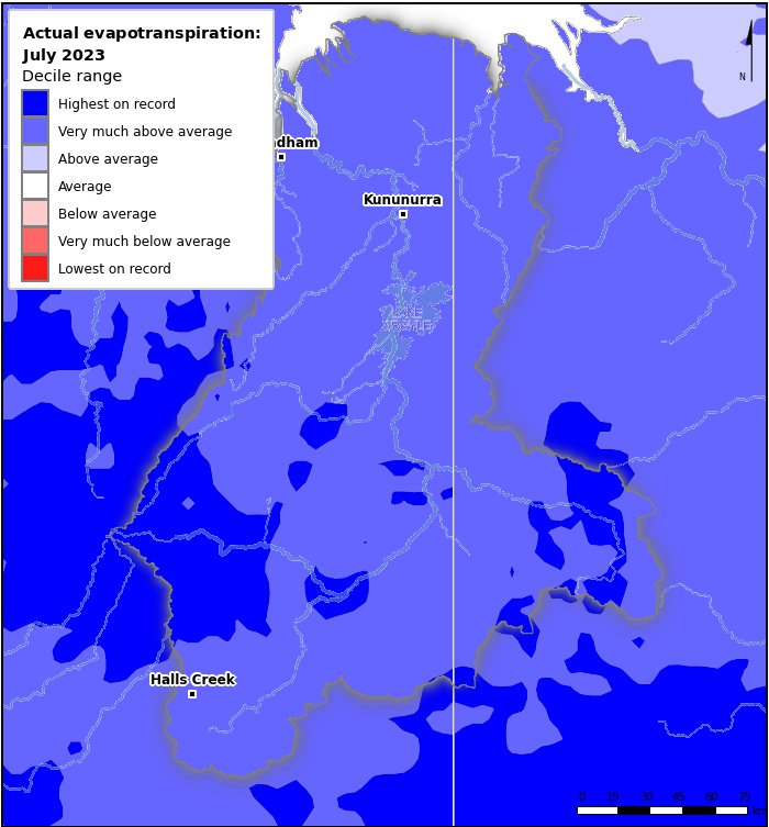 Actual evapotranspiration deciles: July 2023