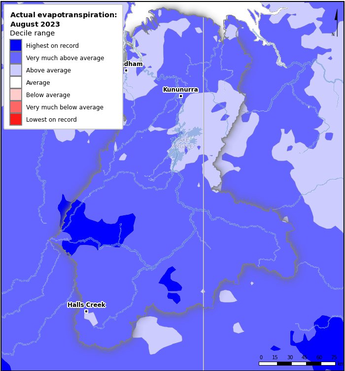 Actual evapotranspiration deciles: August 2023