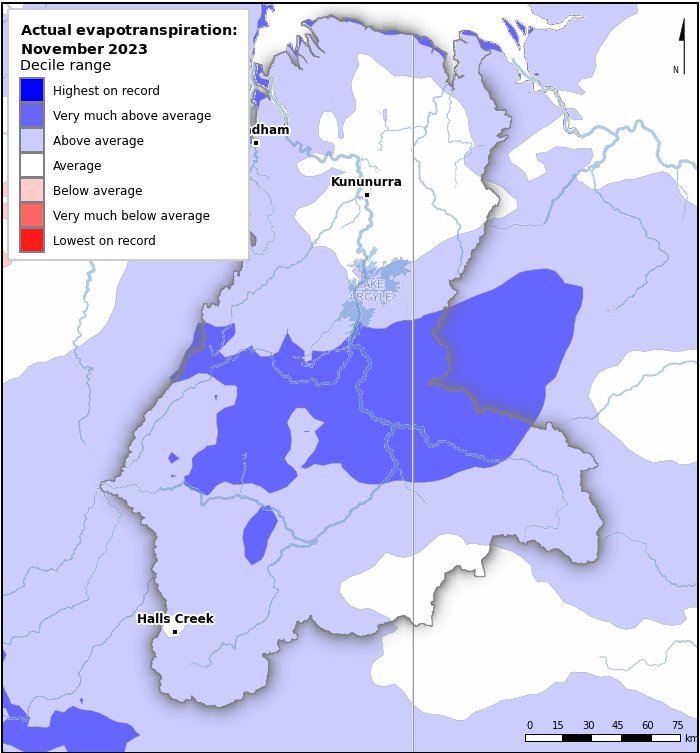 Actual evapotranspiration deciles: November 2023