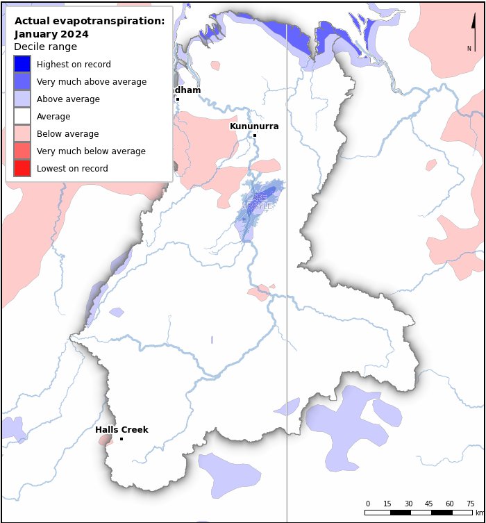 Actual evapotranspiration deciles: January 2024