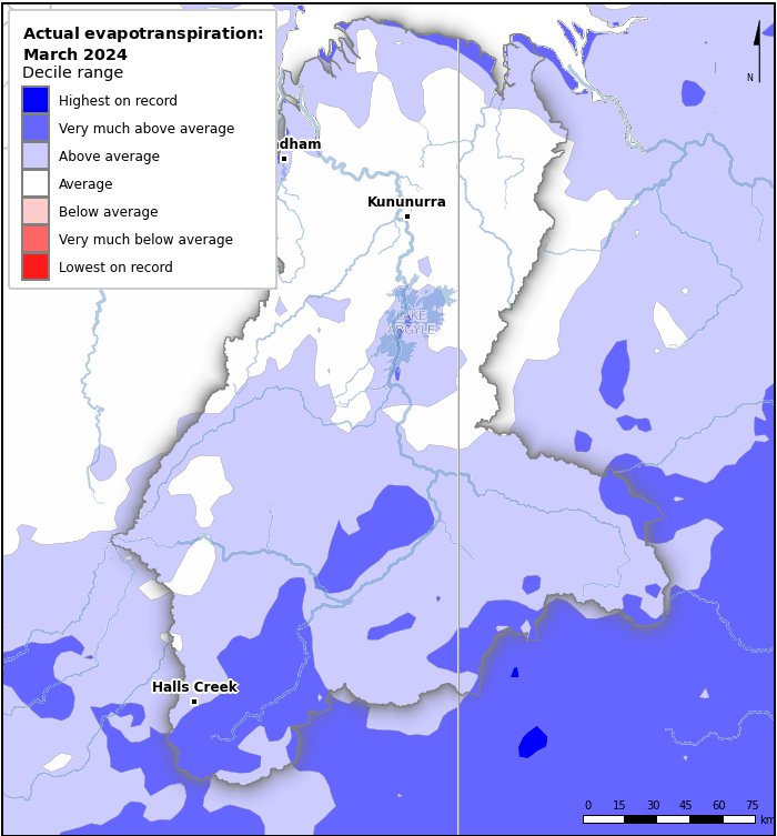 Actual evapotranspiration deciles: March 2024