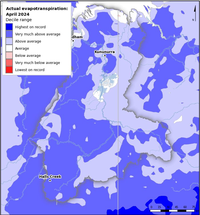 Actual evapotranspiration deciles: April 2024