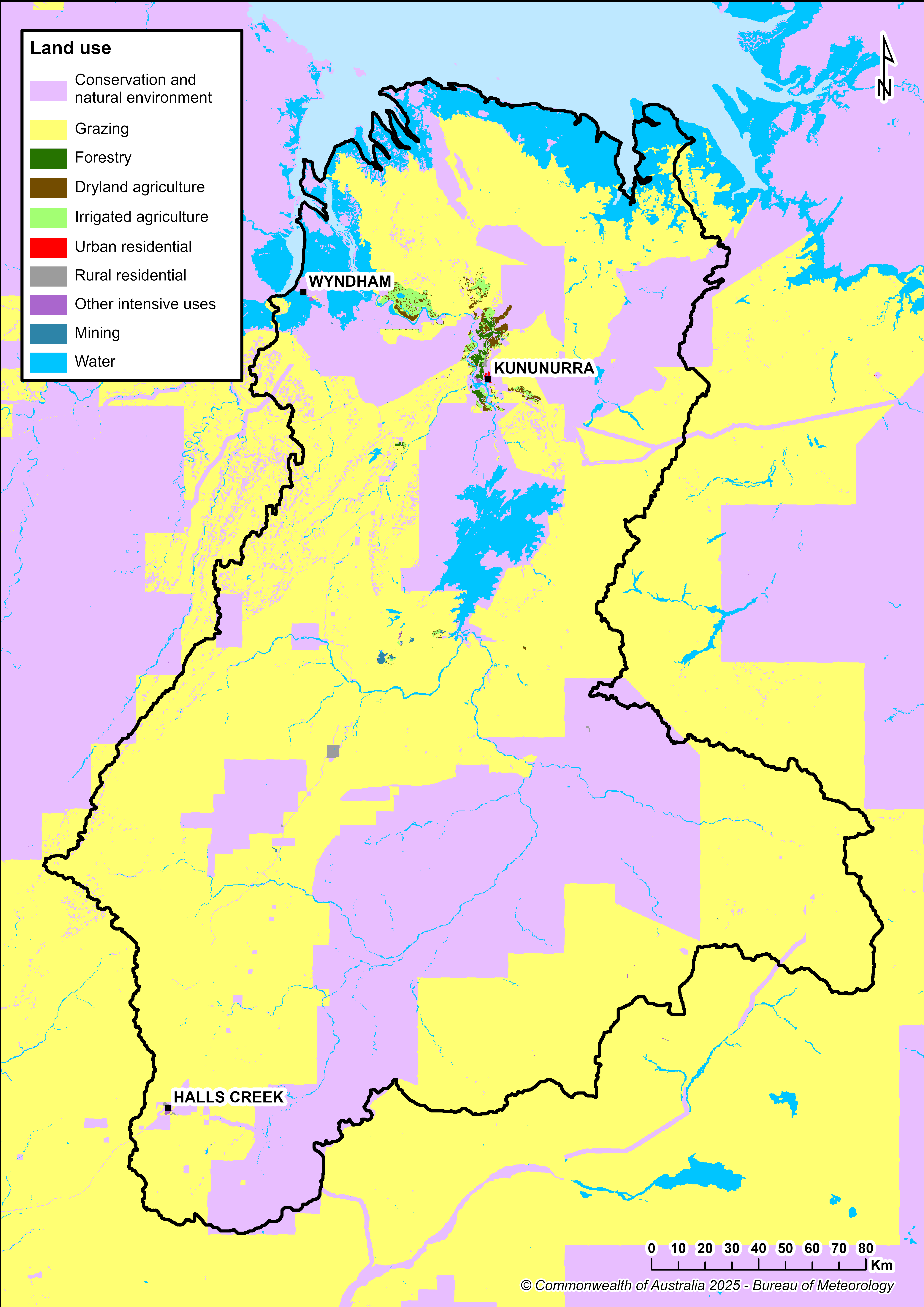 Map showing distribution and land use types. Major towns include Wyndham, Kununurra and Halls Creek. Primary land use is grazing followed by conservation and natural environments.