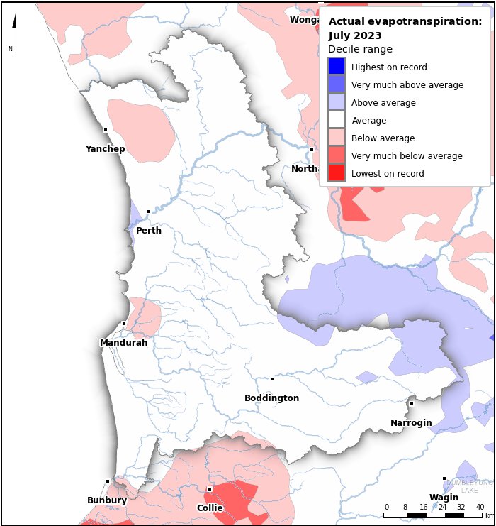 Actual evapotranspiration deciles: July 2023