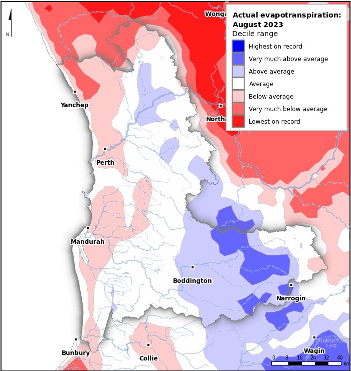 Actual evapotranspiration deciles: August 2023