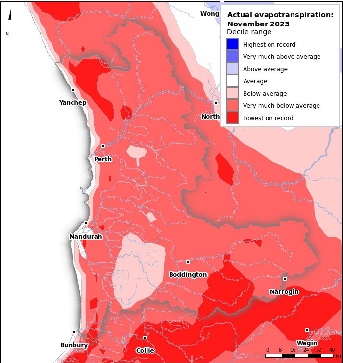 Actual evapotranspiration deciles: November 2023