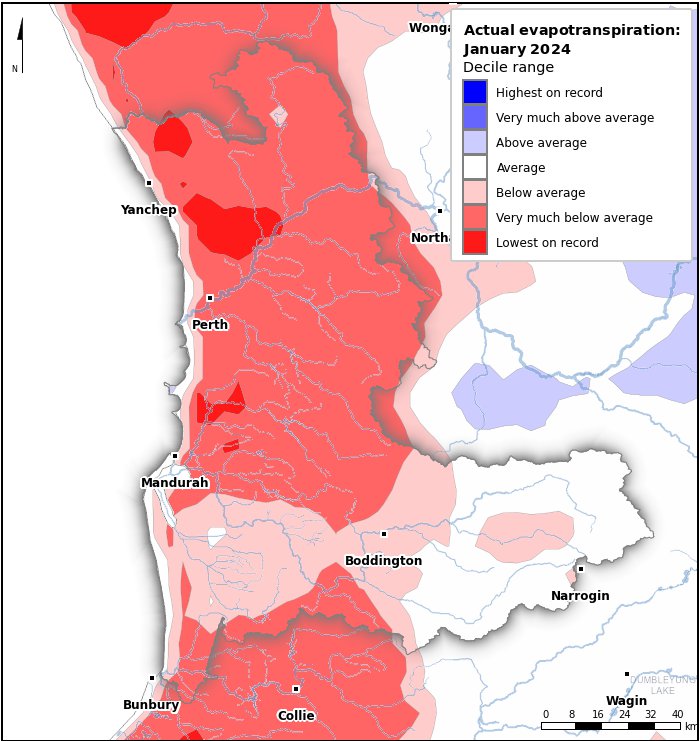 Actual evapotranspiration deciles: January 2024