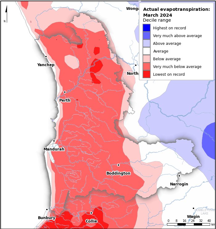 Actual evapotranspiration deciles: March 2024