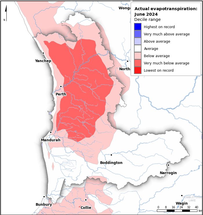 Actual evapotranspiration deciles: June 2024