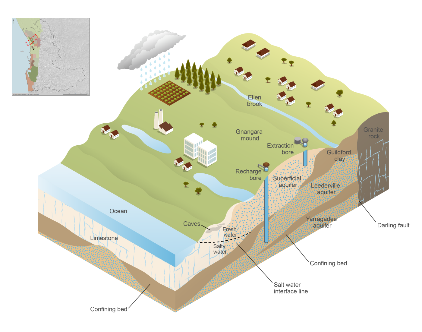 A simplified three-dimensional cross-section image of the Perth region's groundwater aquifers. The section is taken over the Gnangara Mound on the coastal plain in the northern part of the region. The region's aquifers are made up of several layered geological formations. The uppermost layer is the superficial aquifer. Beneath that lies the Leederville and Yarragadee aquifers, which are confined by layers of Guildford clay. The confined aquifers extend from beneath the salt water interface near the coast and inland up to the granite rock formation at the Darling fault.