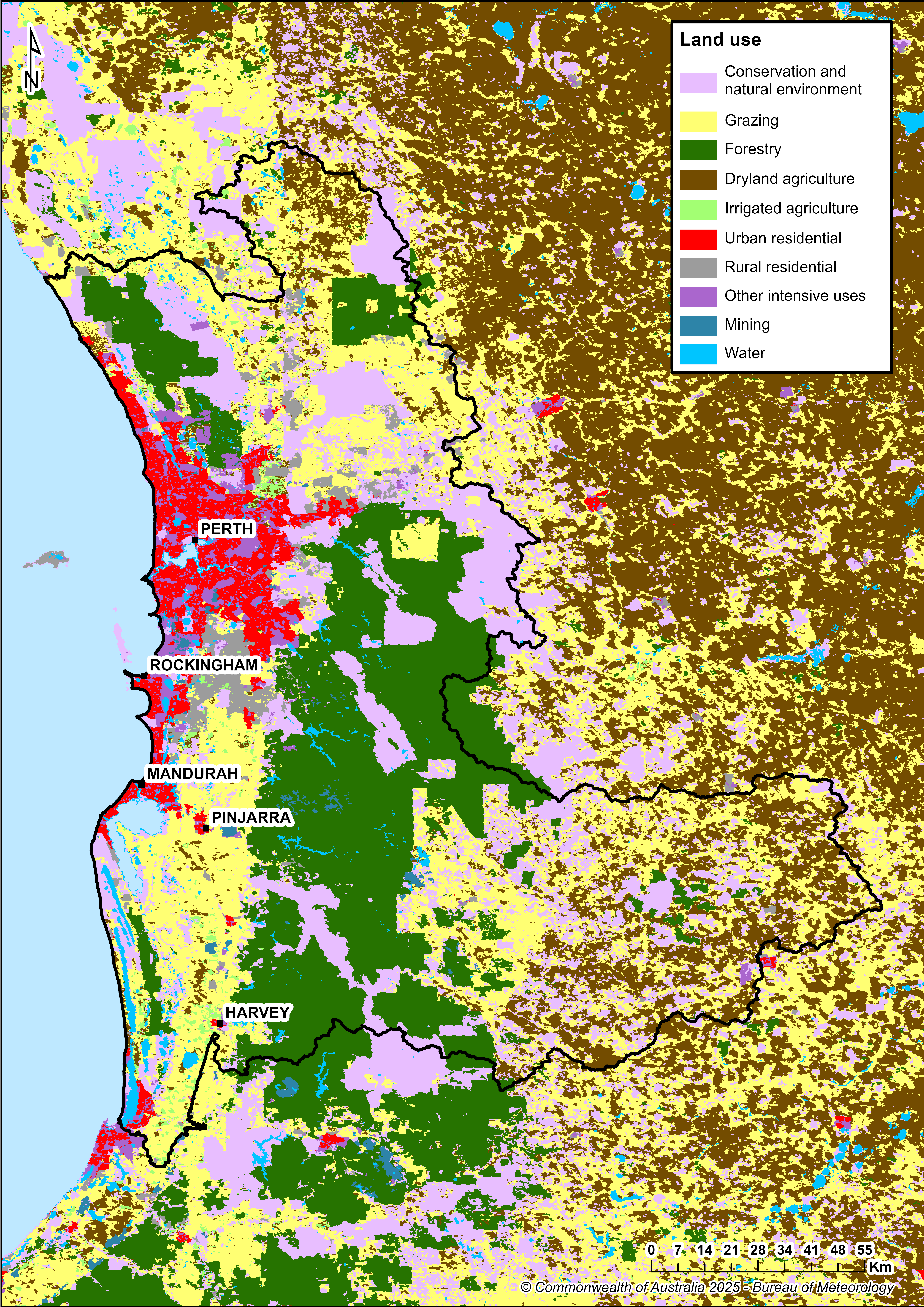Map showing the distribution and land use types. The city of Perth is located in the northern part of the region along the coast. Urban land use is concentrated in the Perth metropolitan area and includes the urban centres of Rockingham and Mandurah, south of Perth city. Primary land use is forestry, which occurs throughout the entire region, followed by conservation and natural environments, as well as dryland agriculture.