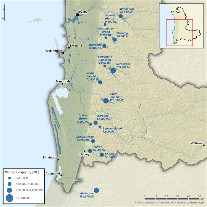 Map of 16 major storages. The Serpentine and South Dandalup reservoirs in the central part of the region, and the Wellington Reservoir in the south, are the region's larger storages with more than 50% of the region's total storage capacity. The remaining 13 storages, located across most of the region, are all less than 100,000 ML in capacity.