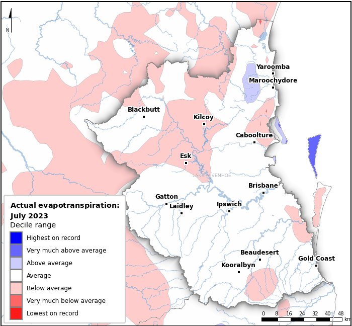 Actual evapotranspiration deciles: July 2023