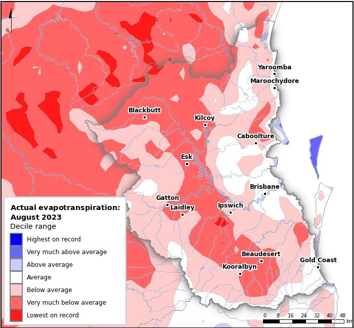 Actual evapotranspiration deciles: August 2023