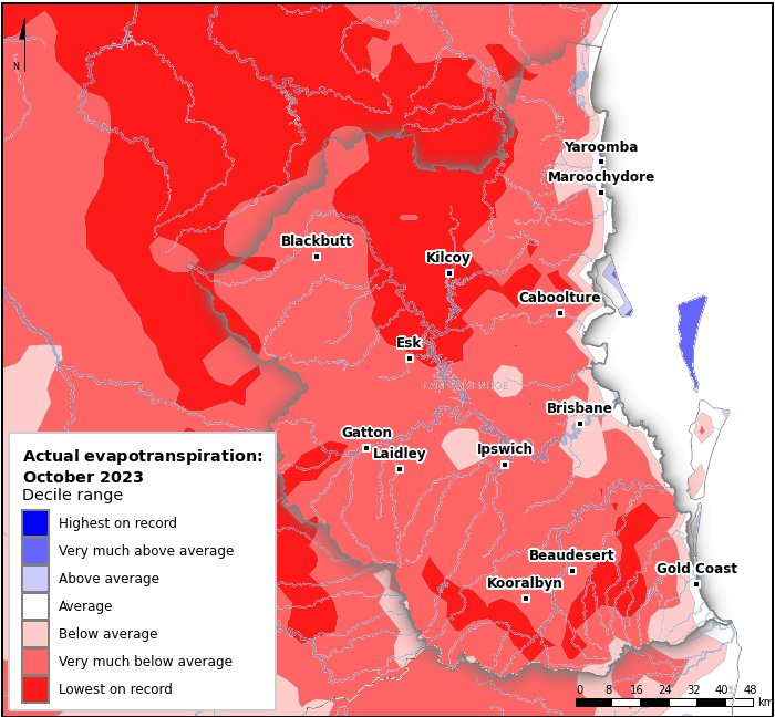 Actual evapotranspiration deciles: October 2023