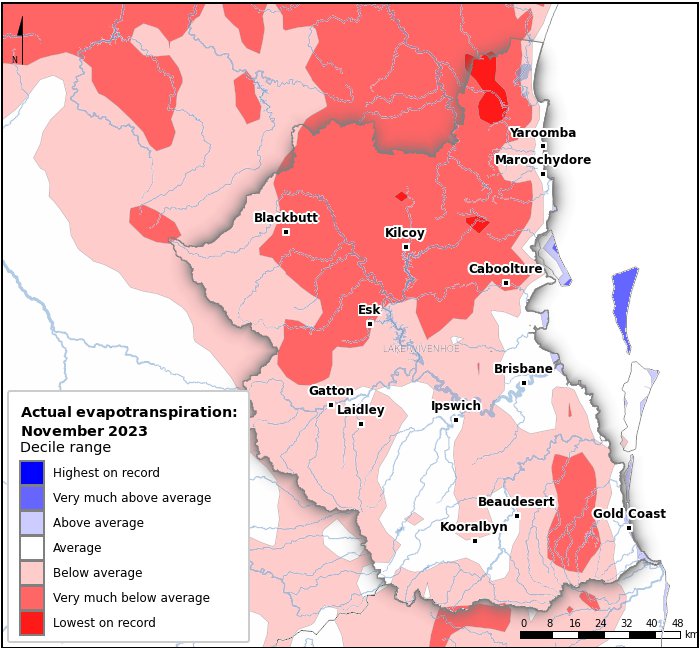 Actual evapotranspiration deciles: November 2023