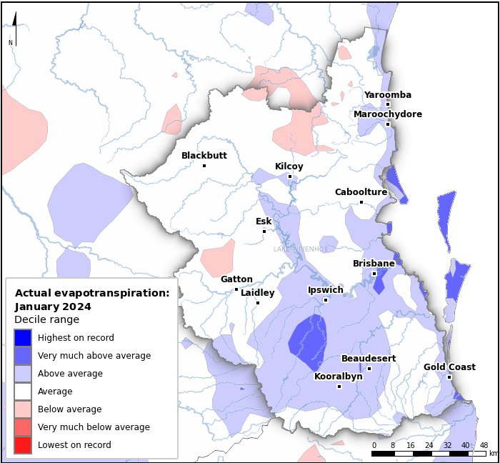 Actual evapotranspiration deciles: January 2024