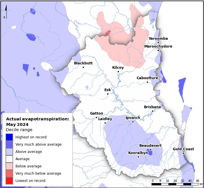 Actual evapotranspiration deciles: May 2024