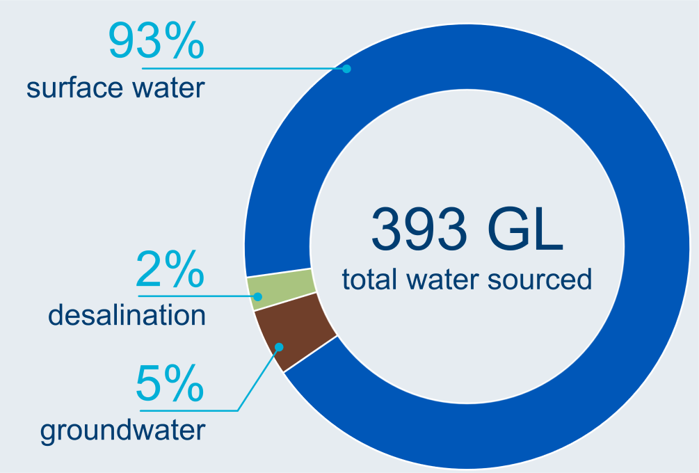 Graph showing breakdown of water sources used in the South East Queensland region. A total of 393 GL of water was used in the region in 2023–24. Surface water made up 93% of total water sourced. Groundwater made up 5% and desalinated water 2% of total water sourced.