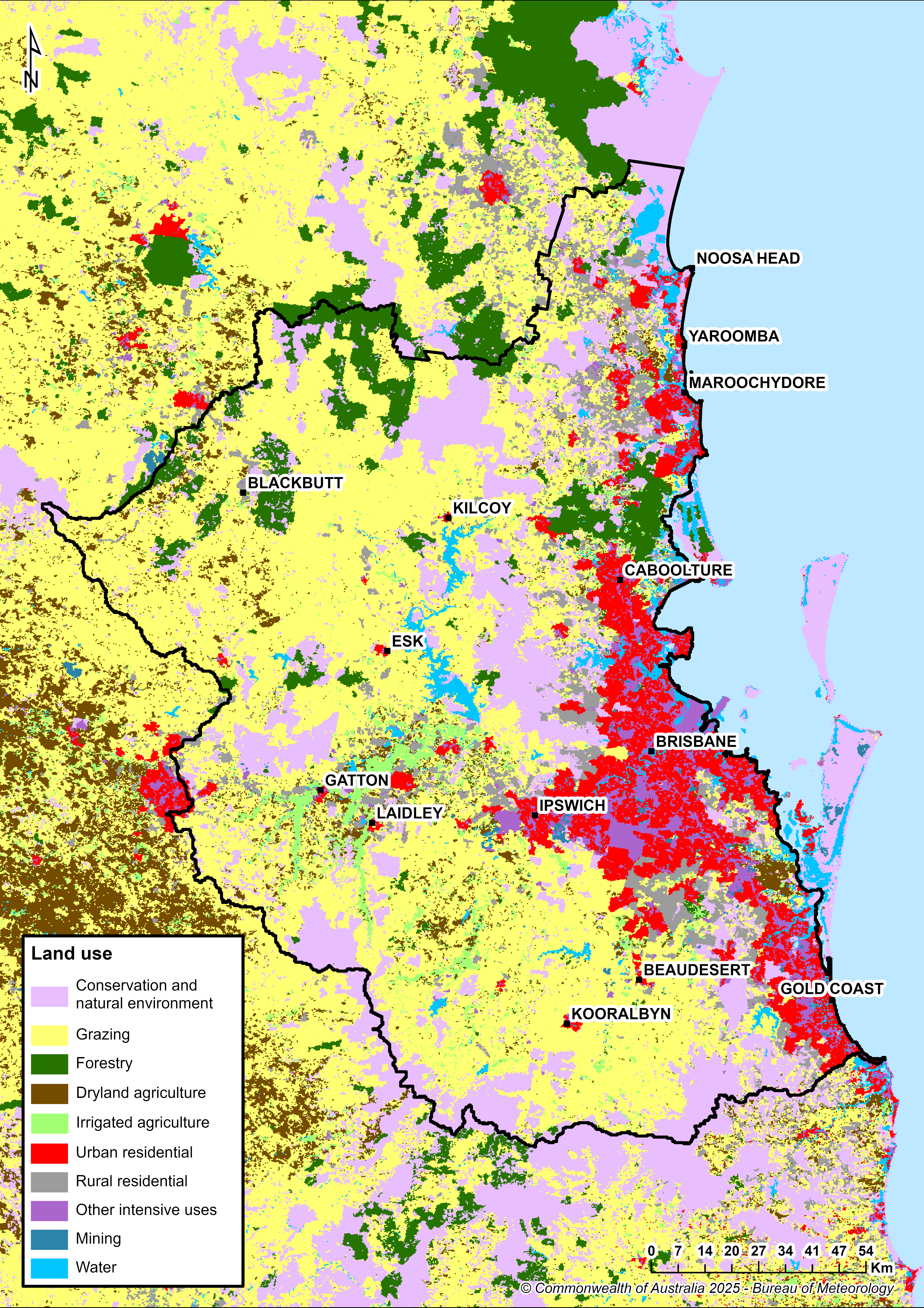 Map of the distribution and land use types. The city of Brisbane is located in the central east part of the region near the coast. Other urban centres include Gold Coast in the south of the region, Ipswich to the west of Brisbane, and Caboolture and Sunshine Coast in the north. Urban land use is concentrated in the Brisbane metropolitan area. Primary land use is grazing, which occurs throughout most of the western part of the region.