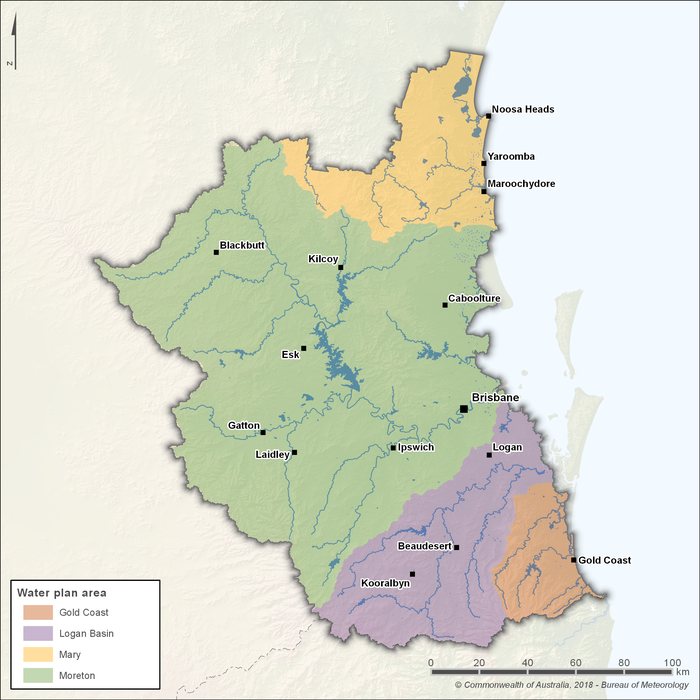 Map of 4 water plan areas. Mary Basin water plan area is in the northern part of the region. Moreton water plan area covers the entire central part of the region. Logan Basin and Gold Coast water plan areas are in the southern part of the region.