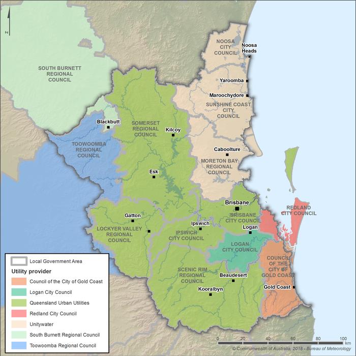 Map of urban utility service areas and local government areas. There are 7 water utility service areas within the South East Queensland region. Queensland Urban Utilities is the largest service area covering most of the western and southern parts of the region. The service area is made up of 5 local government areas: Somerset, Lockyer Valley, and Scenic Rim regional councils and Brisbane and Ipswich city councils. Unity Water service area is in the northwest of the region and is made up of 3 local government areas: Noosa and Sunshine Coast city councils and Moreton Bay Regional Council. Other utility provider service areas include Redland City Council, Logan City Council, Council of the City of Gold Coast, and the Toowoomba and South Burnett regional councils.