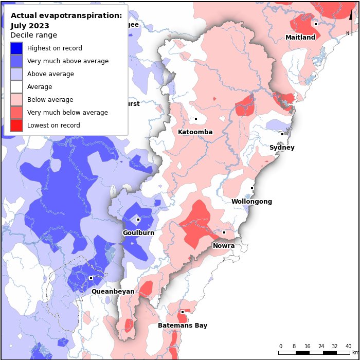Actual evapotranspiration deciles: July 2023