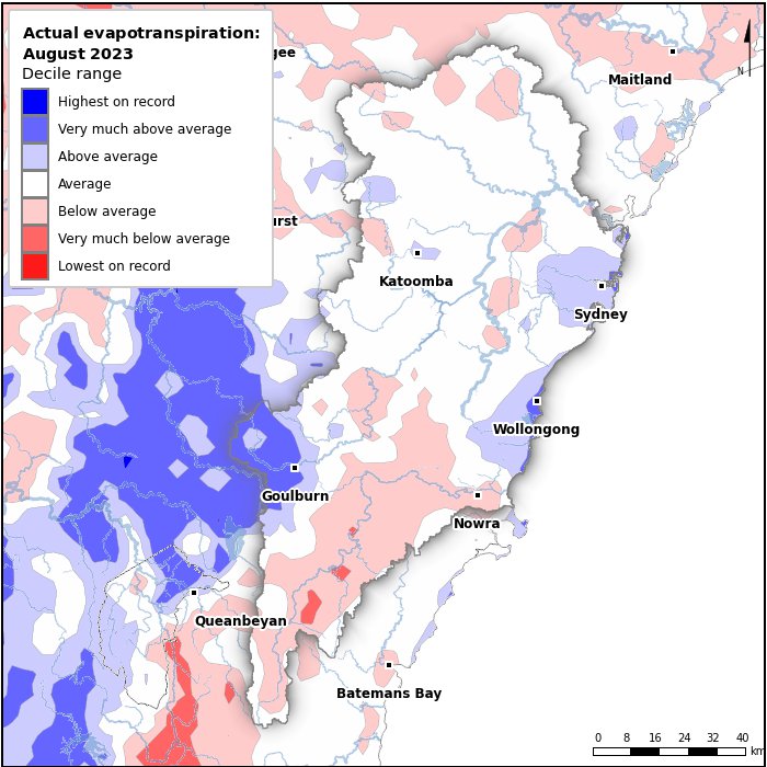 Actual evapotranspiration deciles: August 2023