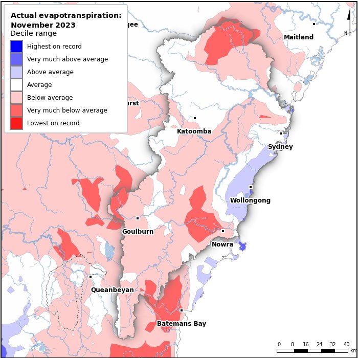 Actual evapotranspiration deciles: November 2023