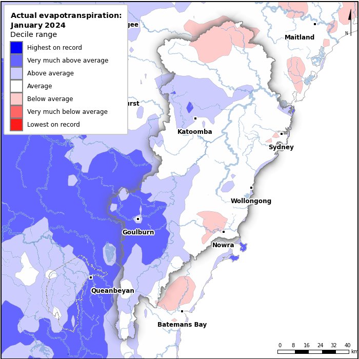 Actual evapotranspiration deciles: January 2024