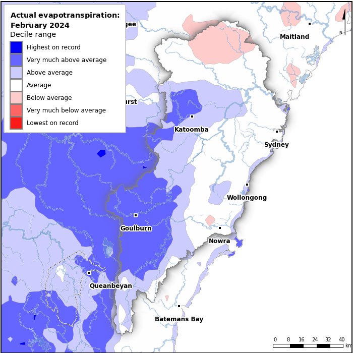 Actual evapotranspiration deciles: February 2024