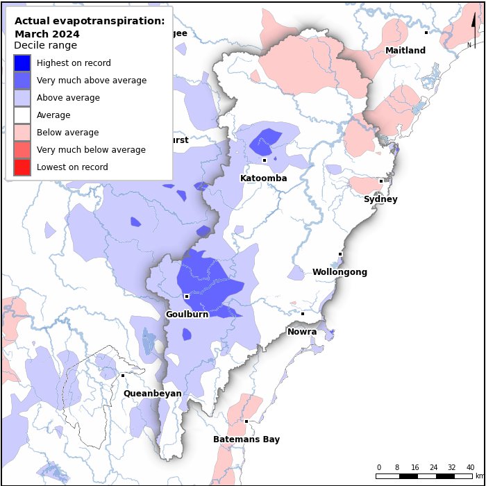Actual evapotranspiration deciles: March 2024