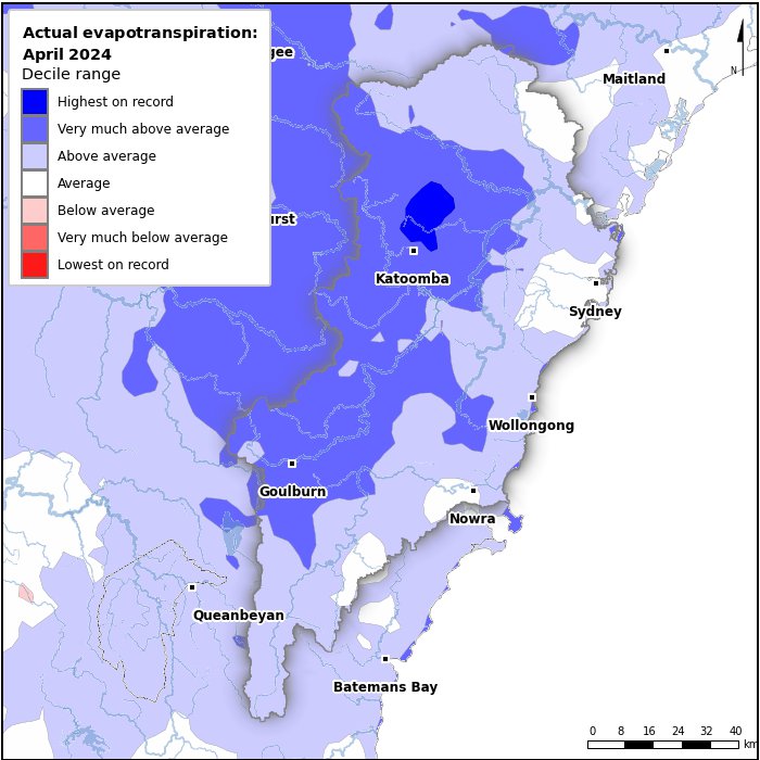 Actual evapotranspiration deciles: April 2024