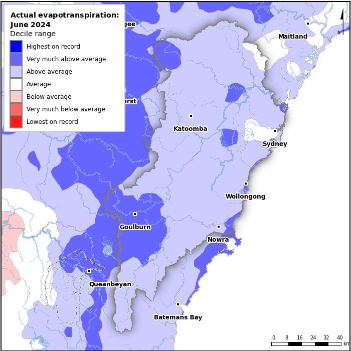 Actual evapotranspiration deciles: June 2024