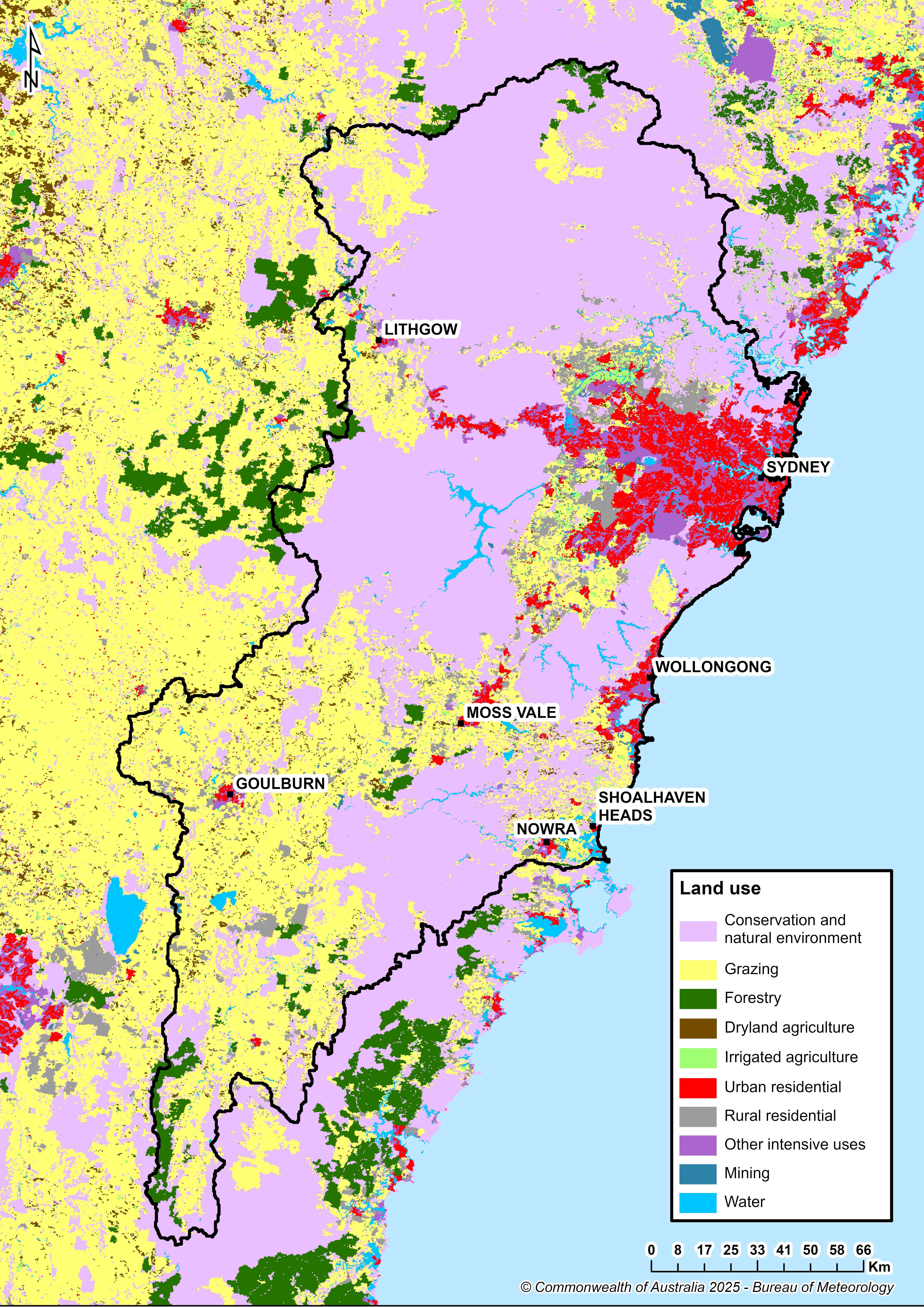 Map showing the distribution and land use types. The city of Sydney is located in the northeastern part of the region near the coast. Urban land use is concentrated in the Sydney metropolitan area, as well as the urban centre of Wollongong located south of Sydney along the coast. Primary land use is conservation and natural environments, which occurs throughout the entire region, followed by grazing.
