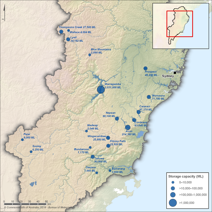 Map of 20 major storages. The Warragamba Reservoir in the central part of the region is the largest storage with a capcity of around 2,031,000 ML. The Avon Reservoir in the east is the second largest storage with a capacity of 214,360 ML. The remaining 18 storages, located across most of the region are all less than 100,000 ML in capacity.